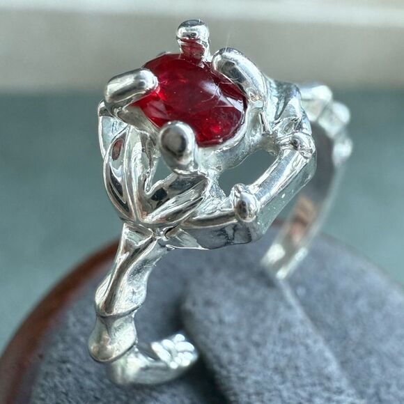 Silver Tone Ring with Bright Red Center Stone & Unique Textured Band - Picture 8 of 16